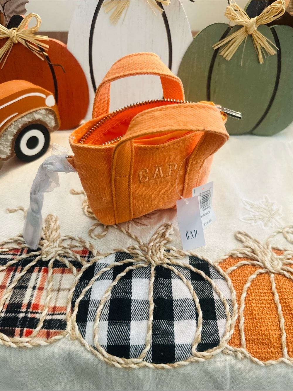🍁GAP Orange Canvas Mini Tote with Top Zip Bag Charm